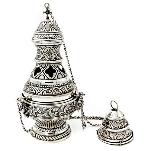 Gothic thurible with chiselled boat and spoon, silver finish 1