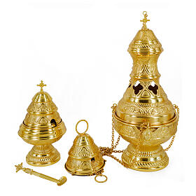 Gothic thurible with chiselled boat and spoon, gold finish