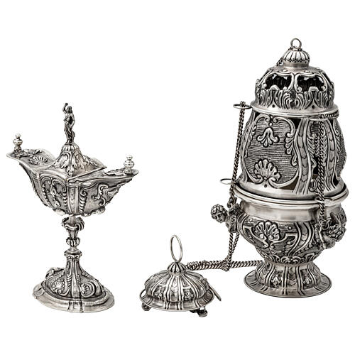 Baroque Thurible and Boat with Chiseled Silver Finish 20 cm 1