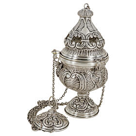 Baroque thurible with boat, chiseled with angels, silver finish