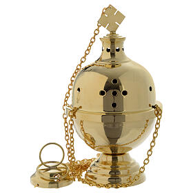 Simple thurible in polished golden brass with cross, 8 in