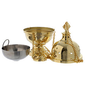 Simple thurible in polished golden brass with cross, 8 in