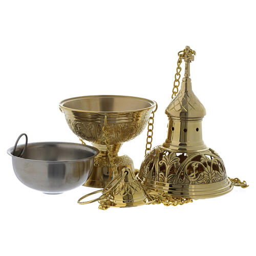 Brass thurible floral decorations and crucifix, 10-inch height 2