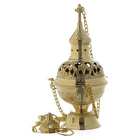 Brass thurible with floral decoration and crucifix, 25 cm