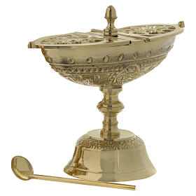 Incense boat with spoon, gold-plated brass, floral decoration, 15 cm