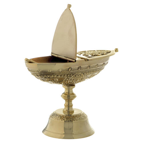Incense boat with spoon, gold-plated brass, floral decoration, 15 cm 2