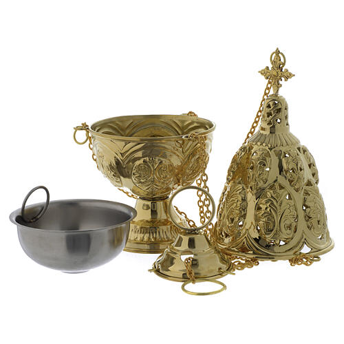 Elongated polished brass thurible with floral decoration, 12 in 2