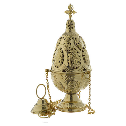 Turibolo ottone lucido forma allungata decoro floreale 30 cm 1