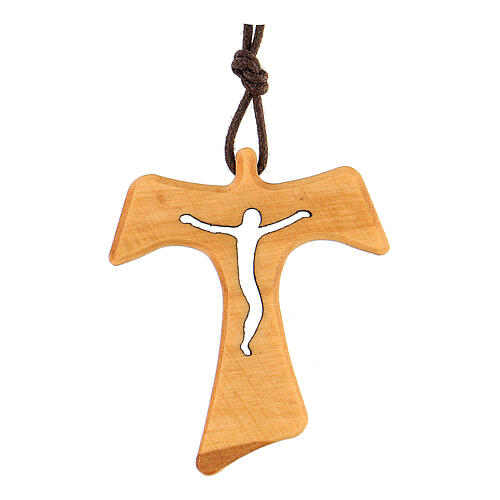 Croix tau ajourée corps de Christ bois d'olivier 1