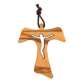 Tau cross pendant with pierced body of Christ in olive wood