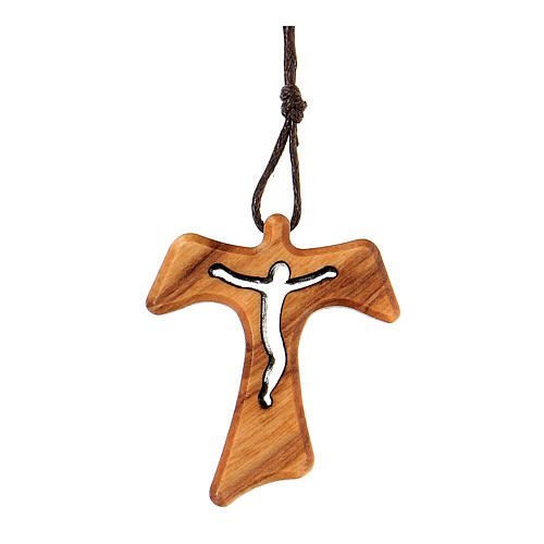 Olivewood tau pendant with cut-out Christ 1