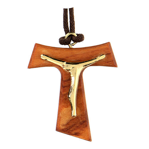 Olivewood tau pendant with golden body of Christ 1