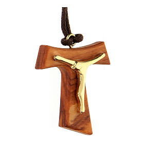 Olive wood Tau pendant with body of Christ in gold