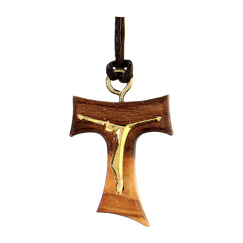 Assisi olivewood tau with golden body of Christ 1