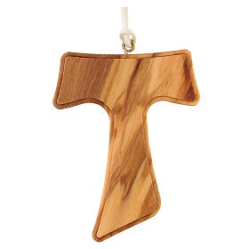 Tau cross pendant necklace white cord in Assisi olive wood 7x5 cm