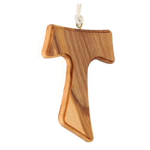 Tau cross pendant necklace white cord in Assisi olive wood 7x5 cm 2