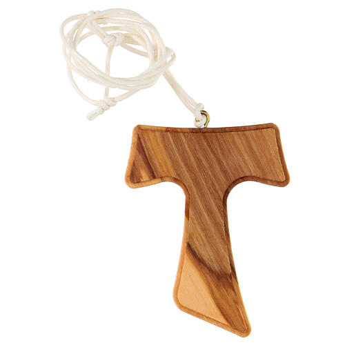Tau cross pendant necklace white cord in Assisi olive wood 7x5 cm 3
