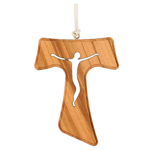 Tau cross pendant perforated white cord in olive wood 7x5 cm 1