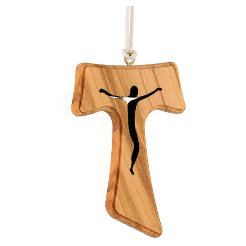Tau cross pendant perforated white cord in olive wood 7x5 cm 2