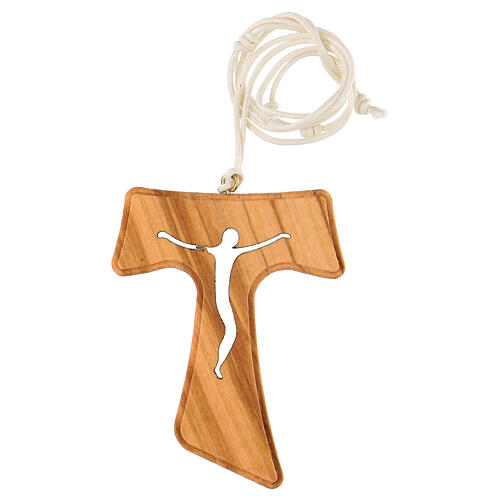 Tau cross pendant perforated white cord in olive wood 7x5 cm 3