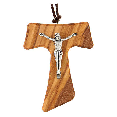 Olivewood tau cross with metallic body of Christ 7 cm 1