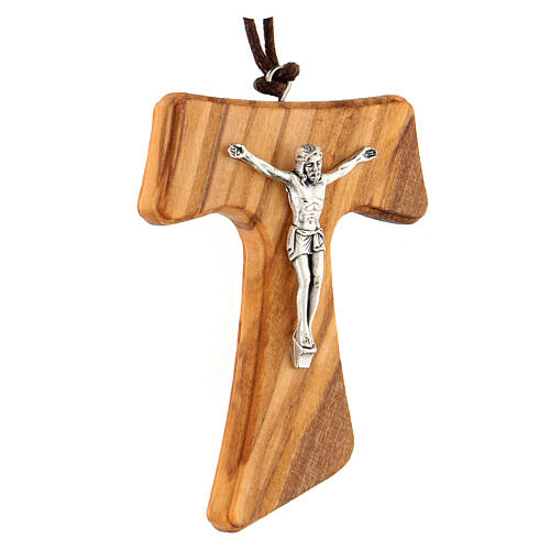 Krzyżyk Tau Chrystus metal i drewno oliwne 7 cm 2