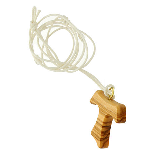 Taukreuz-Anhänger Carlo Acutis aus Olivenholz mit weißem Faden 2
