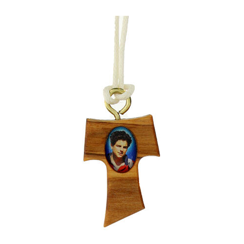 Tau-shaped pendant, olivewood cross with Carlo Acutis' image, white rope 1