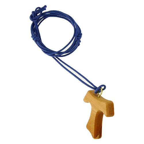 Cross-shaped pendant, olivewood tau with Carlo Acutis' image, blue rope 2