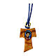 Cross-shaped pendant, olivewood tau with Carlo Acutis' image, blue rope s1