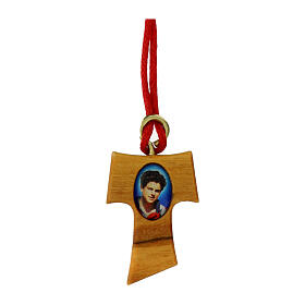 Cross-shaped pendant with red rope, olivewood tau with Carlo Acutis' image