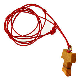 Cross-shaped pendant with red rope, olivewood tau with Carlo Acutis' image