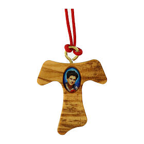 Tau-shaped olivewood pendant of Carlo Acutis, red rope