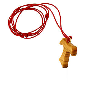 Tau-shaped olivewood pendant of Carlo Acutis, red rope