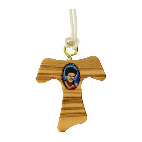 Tau-shaped pendant of Carlo Acutis, olivewood, white rope