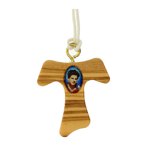 Tau-shaped pendant of Carlo Acutis, olivewood, white rope 1