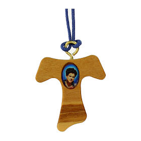 Cross-shaped pendant of Carlo Acutis, olivewood tau, blue rope