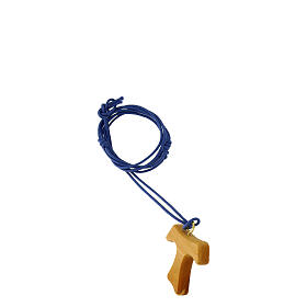 Cross-shaped pendant of Carlo Acutis, olivewood tau, blue rope