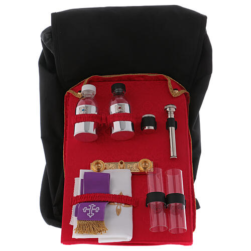 Travel mass kit with industrial textile backpack and red satin lining 4