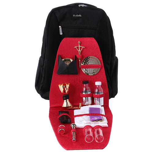 Trolley backpack in industrial textile and red satin with mass kit 1