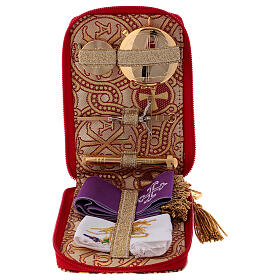 Pyx set with brocade case, Alpha and Omega decoration