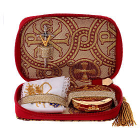 Pyx set with case in brocade fabric, Alpha and Omega decoration