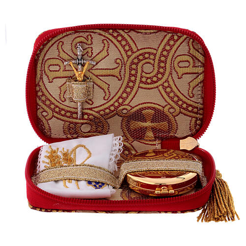 Pyx set with case in brocade fabric, Alpha and Omega decoration 1