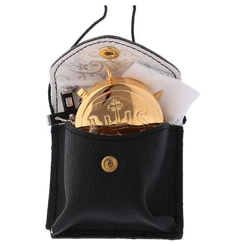 Pyx set with black leather bag, with button and string 3