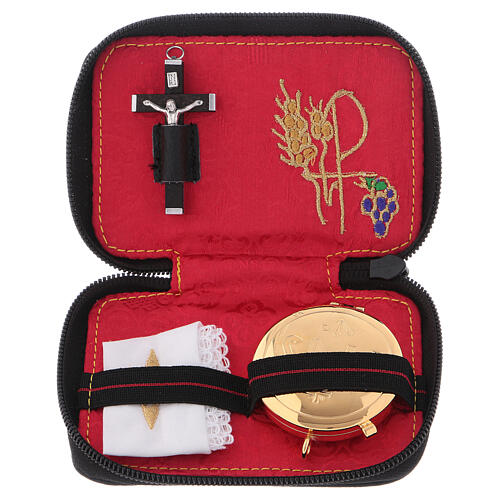 Pyx set with leather bag, lined with red satin, with zipper and metal cross 1