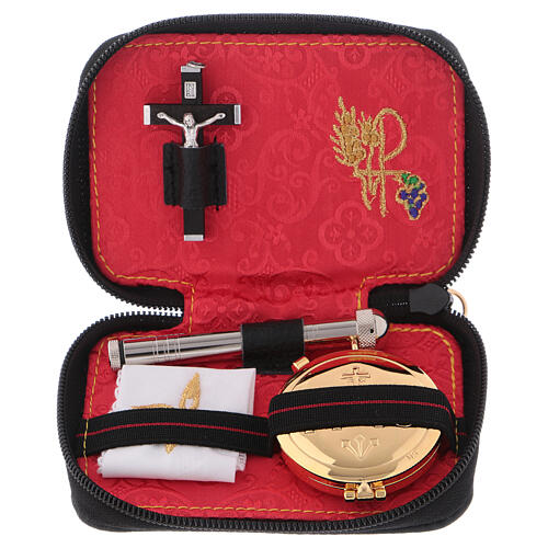 Pyx set with leather bag, lined with red jacquard fabric, with metal cross 1