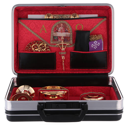 Mass kit in plastic case with metal and leather insets red satin lining 3