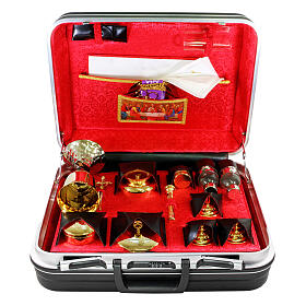 Mass kit with suitcase in plastic and metal, lined with red satin, Last Supper