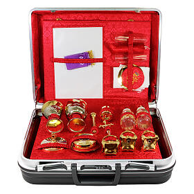 Mass kit with suitcase, lined with red jacquard fabric, with removable item-holding board