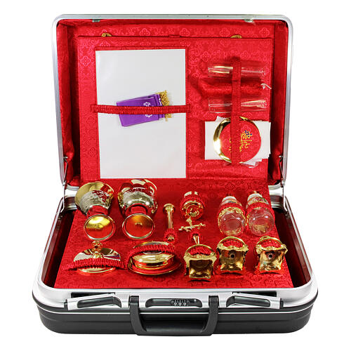 Mass kit with suitcase, lined with red jacquard fabric, with removable item-holding board 1